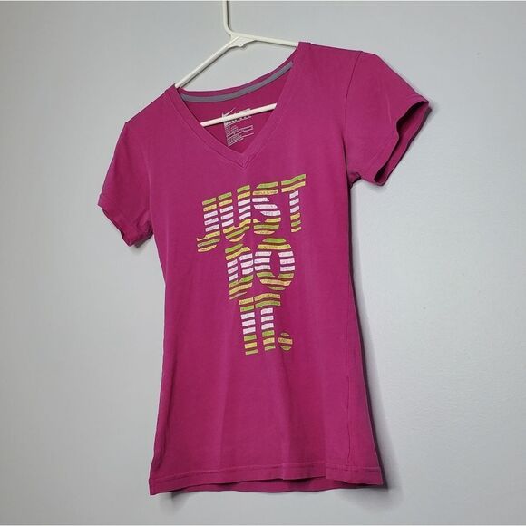 Nike XS Slim Fit Dri Fit Athletic Shirt Magenta Green Yellow White Just Do It - Picture 1 of 9